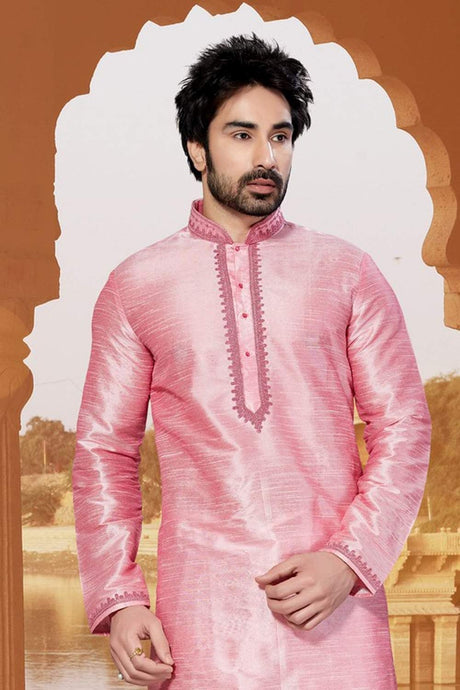 Men's Pink Art Silk Dori Kurta Pyjama Set