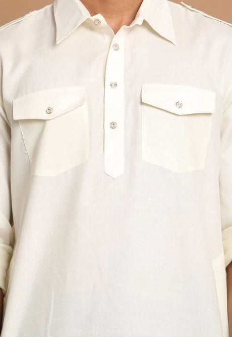 Men's White Cotton Blend Solid Pathani Set