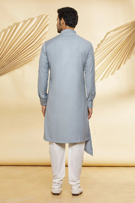 Men's Grey Cotton Blend Solid Kurta Pyjama Set