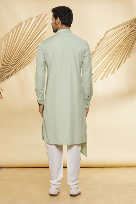 Men's Olive Cotton Blend Solid Kurta Pyjama Set