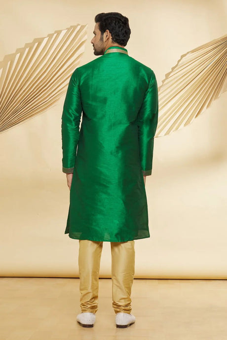Men's Green Art Silk Embroidered Kurta Pyjama Set