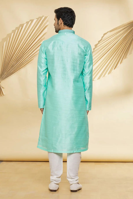 Men's Turquoise Art Silk Embroidered Kurta Pyjama Set