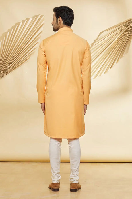 Men's Orange Cotton Blend Solid Kurta Pyjama Set