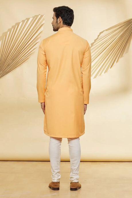 Men's Orange Cotton Blend Solid Kurta Pajama Set