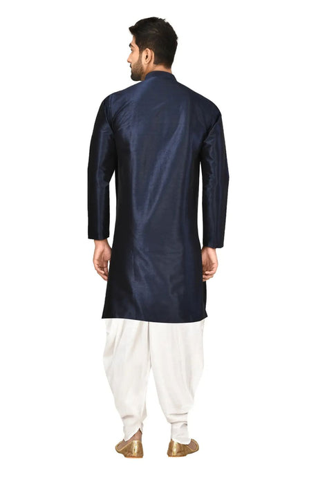 Men's Navy Blue Art Silk Solid Kurta Pajama Set