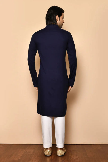 Men's Navy Blue Cotton Blend Solid Kurta Pyjama Set