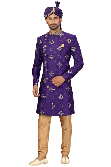 Buy Men's Art Silk  Embroidery  Sherwani Set in Purple Online - Back