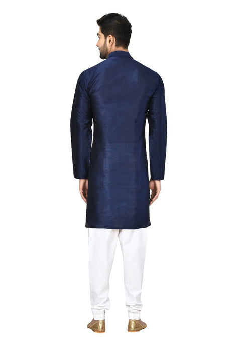 Men's Navy Blue Art Silk Solid Kurta Pyjama Set