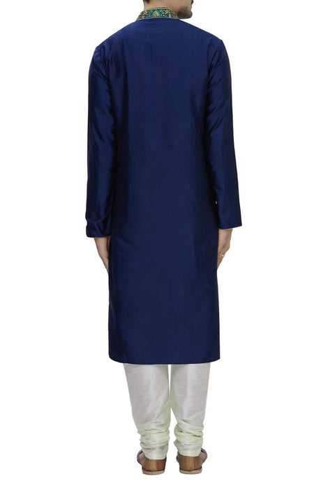 Men's Navy Blue Dupion Embroidered Kurta Pyjama Set