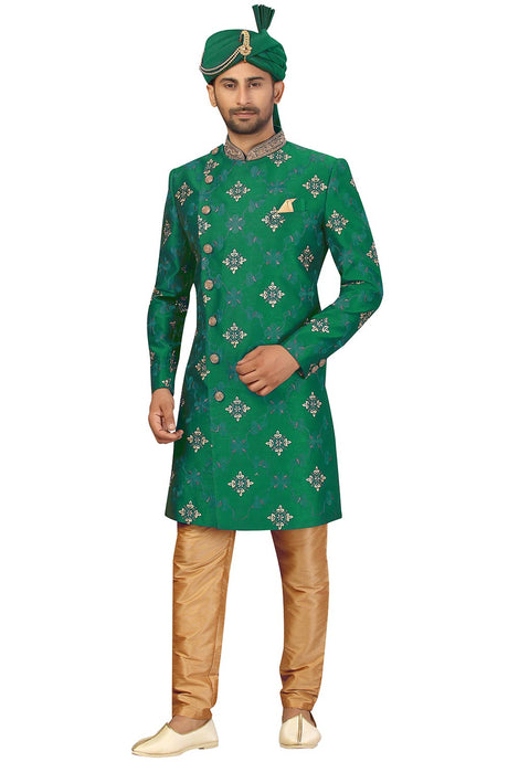 Buy Men's Art Silk  Embroidery  Sherwani Set in Green  Online - Back