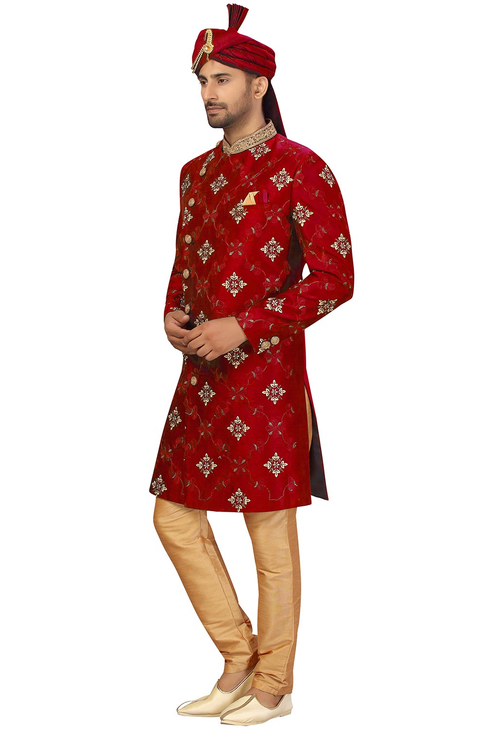 Buy Men's Art Silk  Embroidery  Sherwani Set in Maroon Online