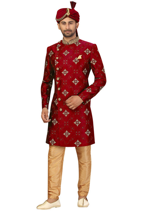 Buy Men's Art Silk  Embroidery  Sherwani Set in Maroon Online - Back