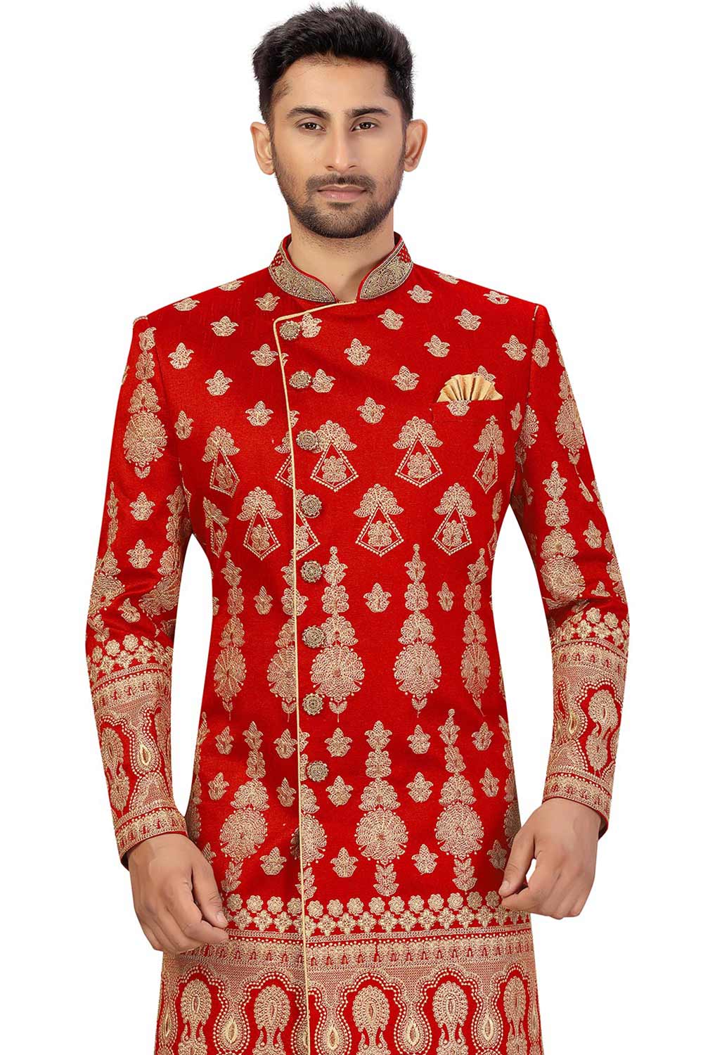 Buy Men's Art Silk  Embroidery  Sherwani Set in Maroon  Online - Front