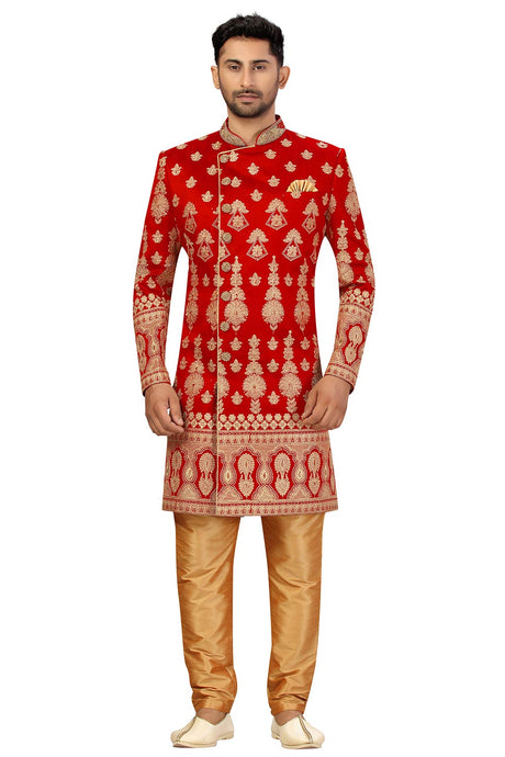 Buy Men's Art Silk  Embroidery  Sherwani Set in Maroon  Online