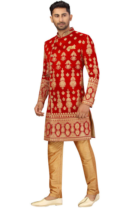 Buy Men's Art Silk  Embroidery  Sherwani Set in Maroon  Online - Back