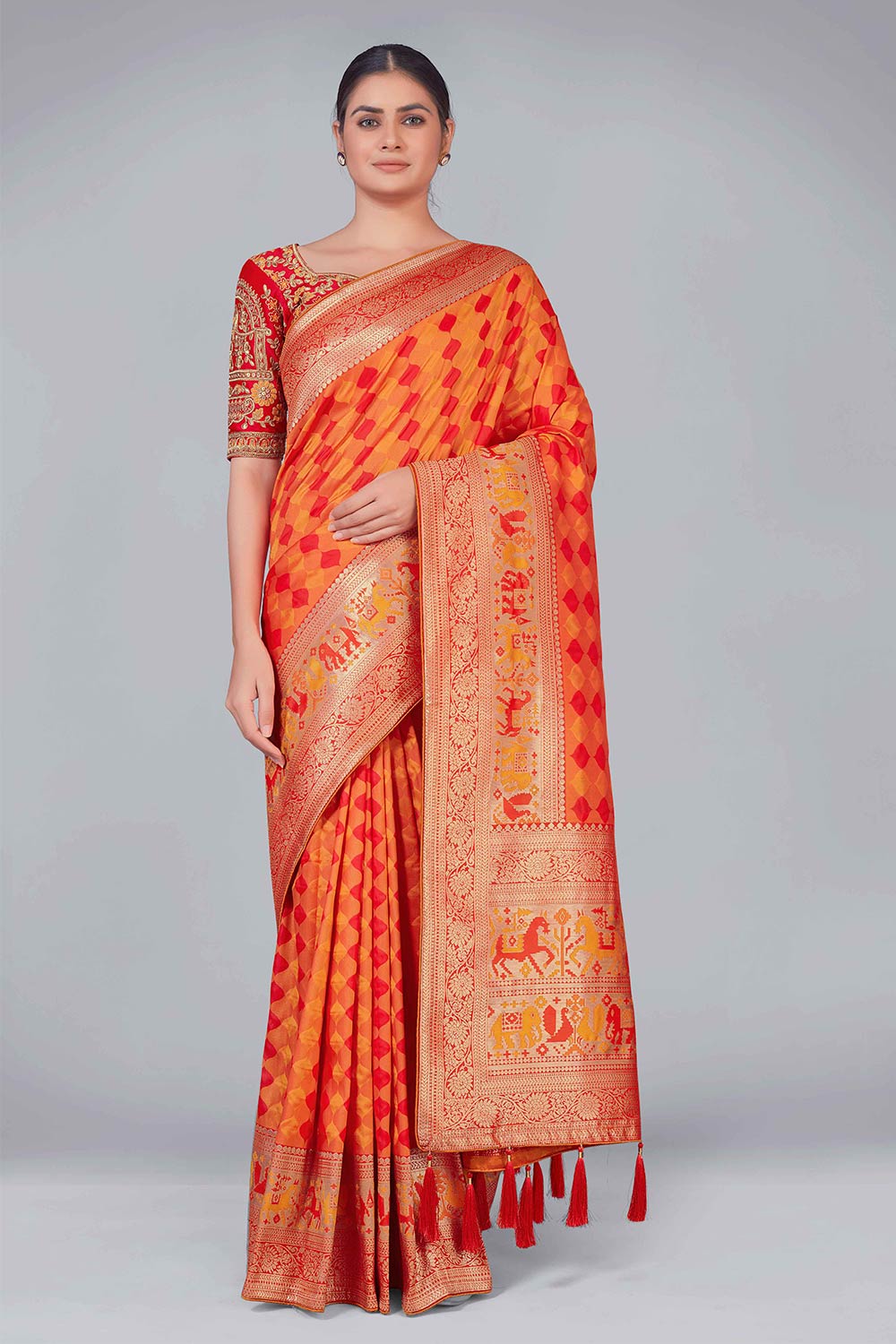 Orange Banarasi Silk woven Saree