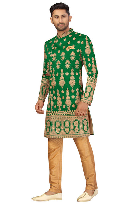 Buy Men's Art Silk  Embroidery  Sherwani Set in Green  Online - Back