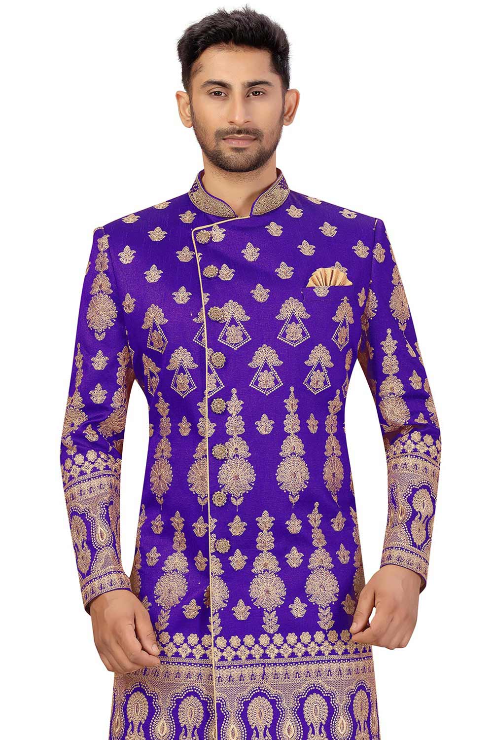 Buy Men's Art Silk  Embroidery  Sherwani Set in Purple  Online - Front