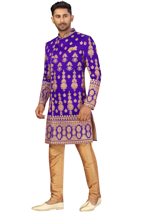 Buy Men's Art Silk  Embroidery  Sherwani Set in Purple  Online - Back
