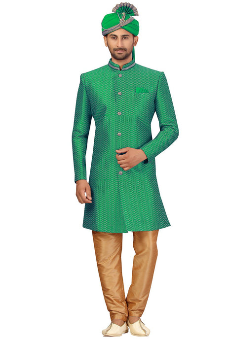 Buy Men's Art Silk  Embroidery  Sherwani Set in Green  Online - Back