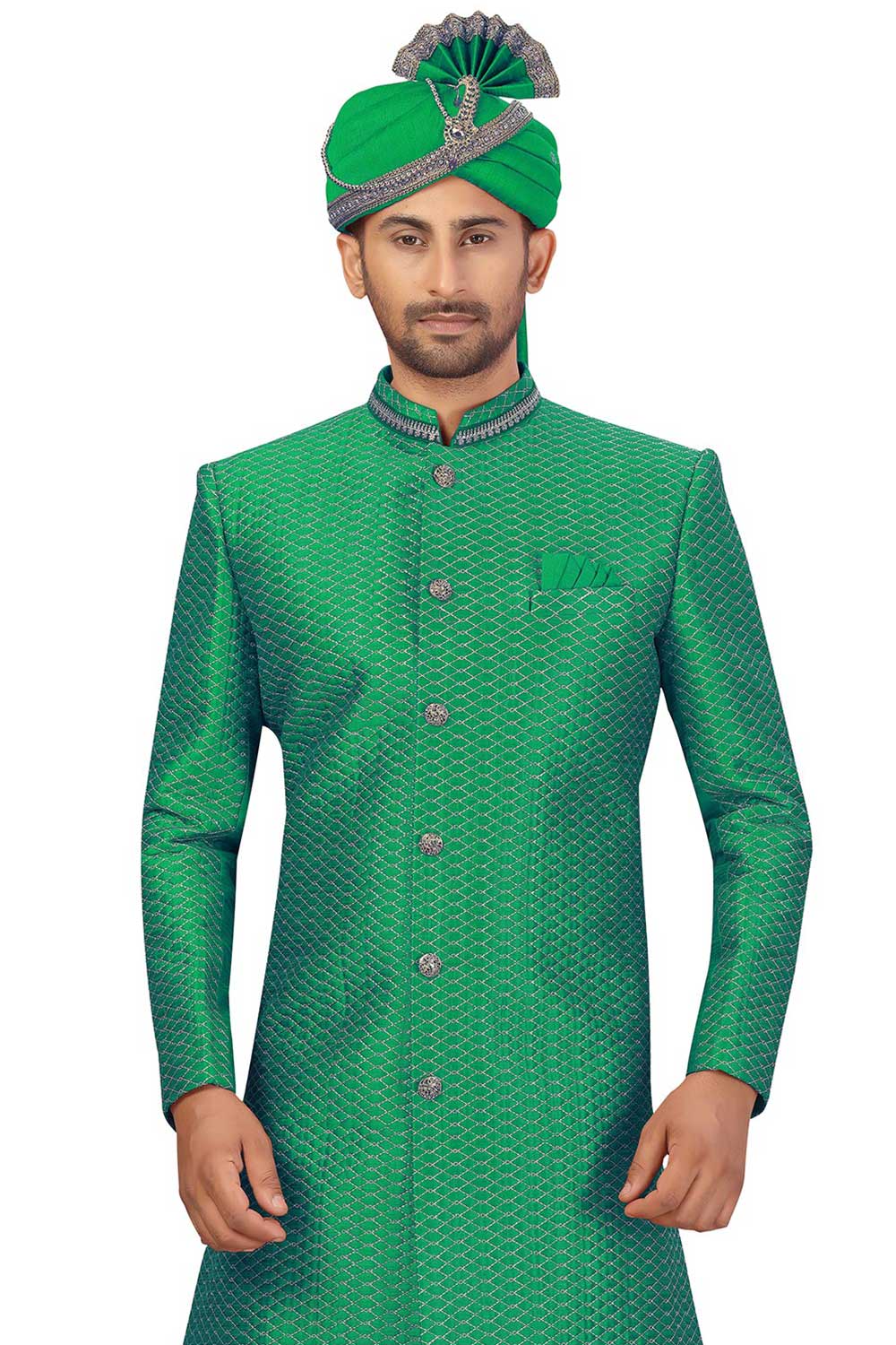 Buy Men's Art Silk  Embroidery  Sherwani Set in Green  Online - Front