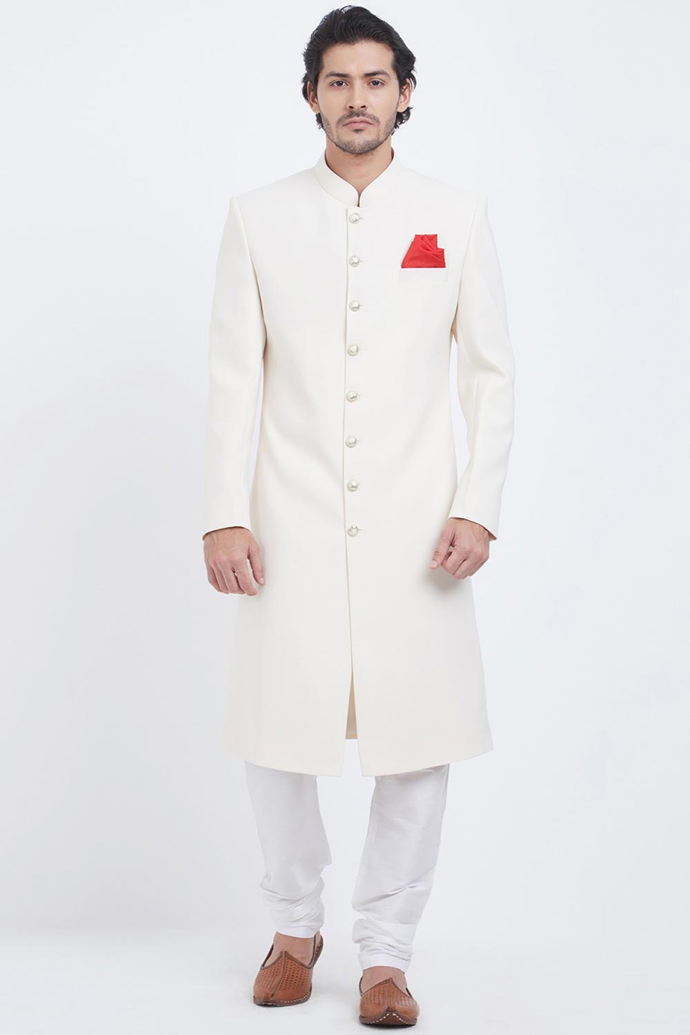 Buy Men's Imported Lachka Suiting  Embroidery  Sherwani Set in Cream  Online