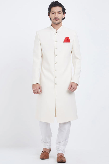 Buy Men's Imported Lachka Suiting  Embroidery  Sherwani Set in Cream  Online