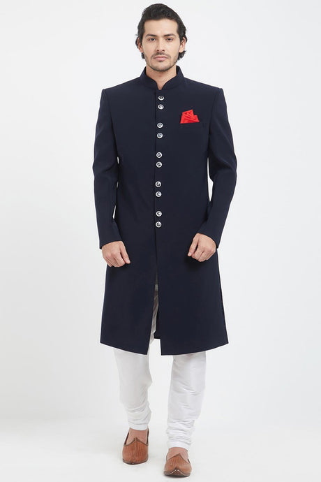 Buy Men's Imported Lachka Suiting  Embroidery  Sherwani Set in Navy Blue  Online