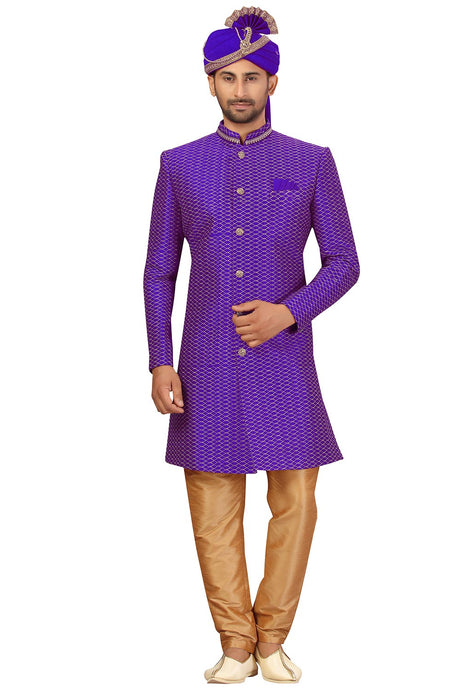 Buy Men's Art Silk  Embroidery  Sherwani Set in Royal Blue  Online - Back