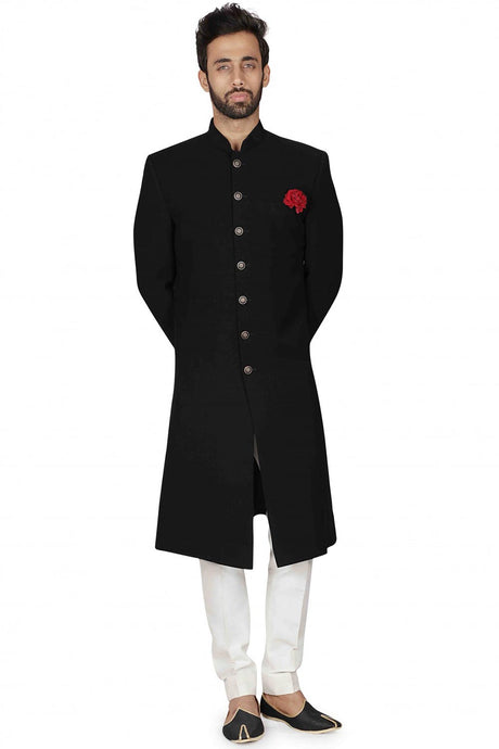 Buy Men's Imported Lachka Suiting  Embroidery  Sherwani Set in Black Online
