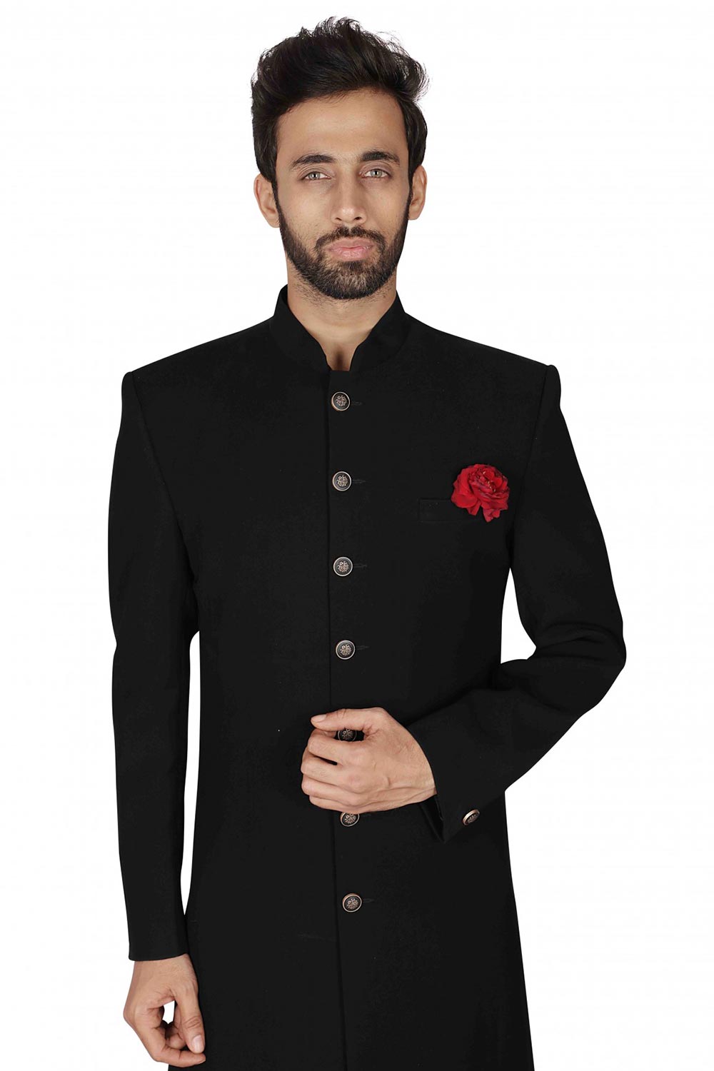 Buy Men's Imported Lachka Suiting  Embroidery  Sherwani Set in Black Online - Front