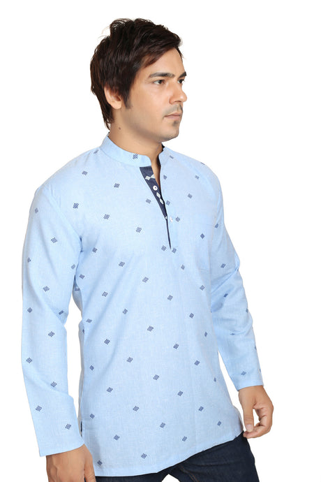 Men's Blended Cotton Short Kurta Top in Sky Blue