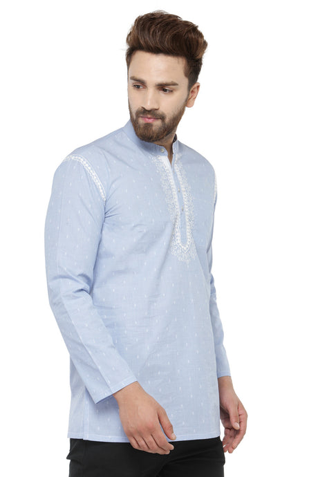 Men's Blended Cotton Short Kurta Top In Sky Blue