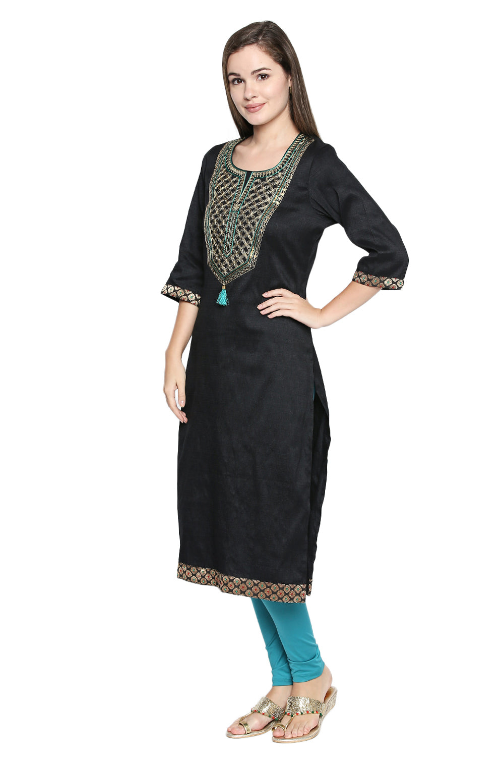 Art Silk Kurta Top in Black - Right SIde