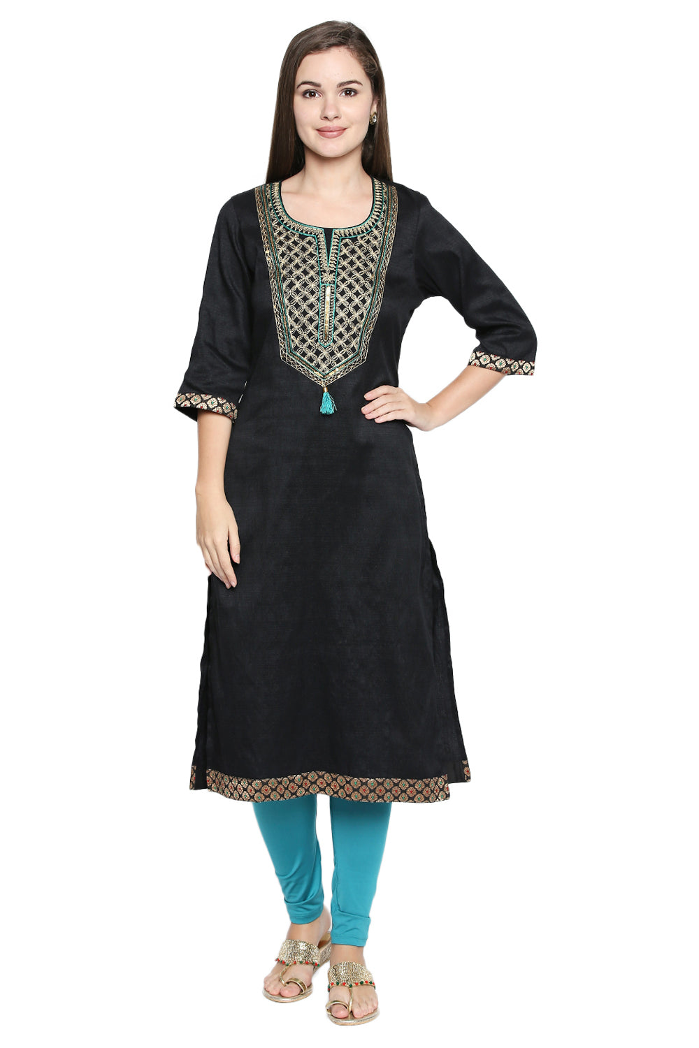 Art Silk Kurta Top in Black - Front