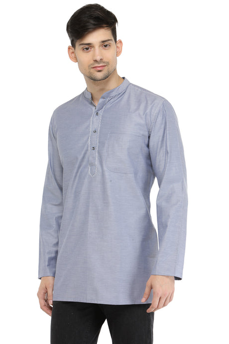 Men's Blended Cotton Short Kurta Top In Metallic Blue