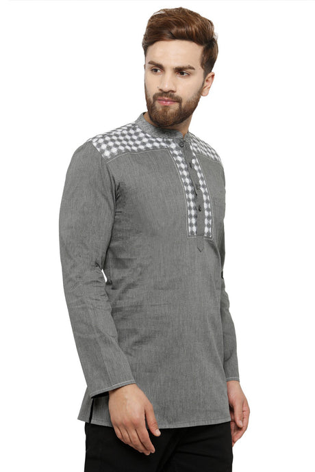 Men's Blended Cotton Short Kurta Top In Light Grey