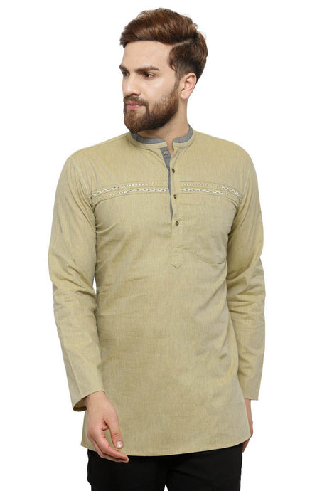 Buy Men's Blended Cotton Embroidery Short Kurta In Rust