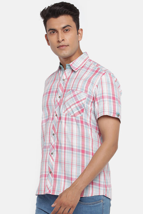 Men's Blended Cotton Shirt In Pink And Aqua Green