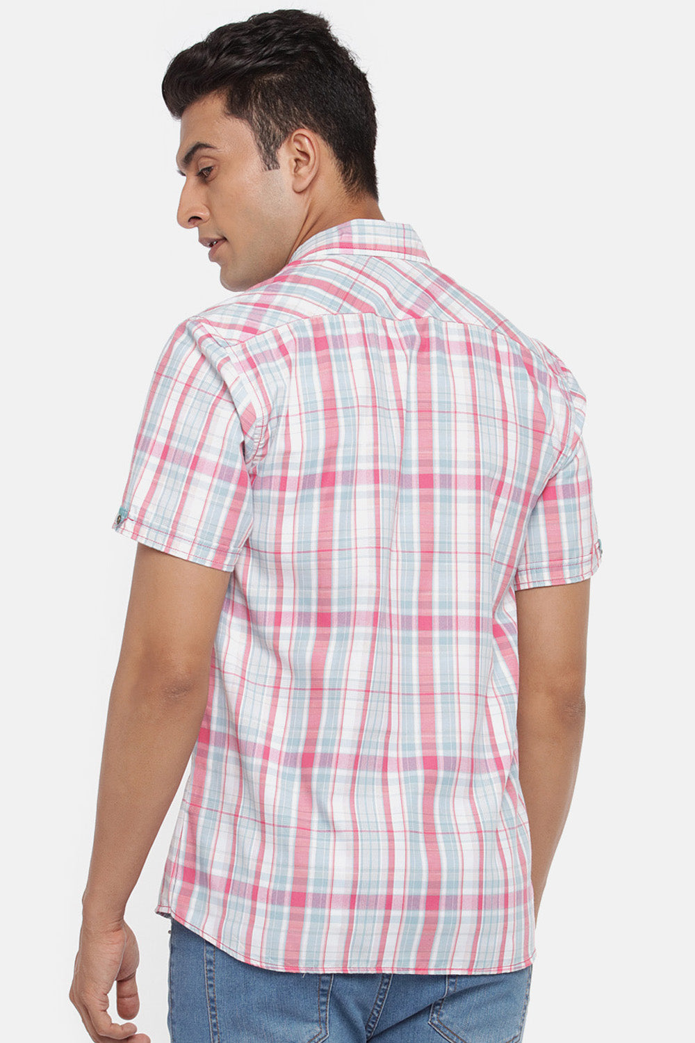 Men's Blended Cotton Shirt In Pink And Aqua Green