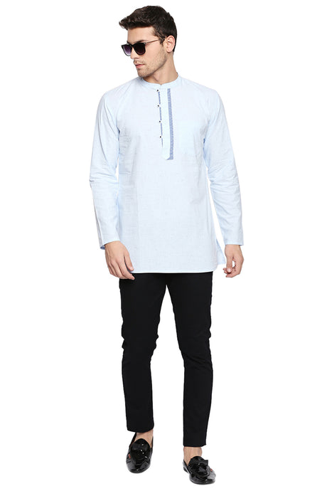 Men's Blended Cotton Short Kurta Top In Sky Blue