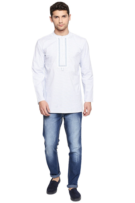 Men's Blended Cotton Short Kurta Top In White