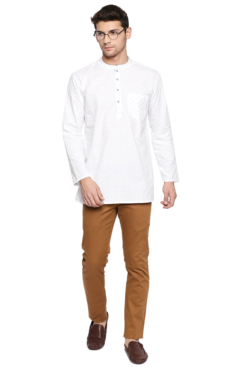 Men's Blended Cotton Short Kurta Top In White