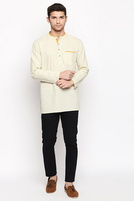 Men's Blended Cotton Short Kurta Top In Beige