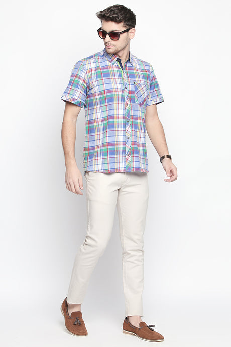 Men's Blended Cotton Shirt In Blue And White And Red