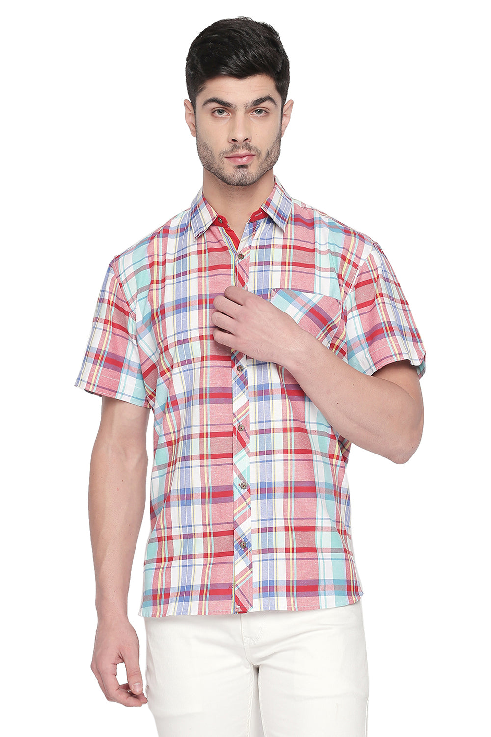 Men's Blended Cotton Shirt In Red And Green