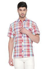 Men's Blended Cotton Shirt In Red And Green