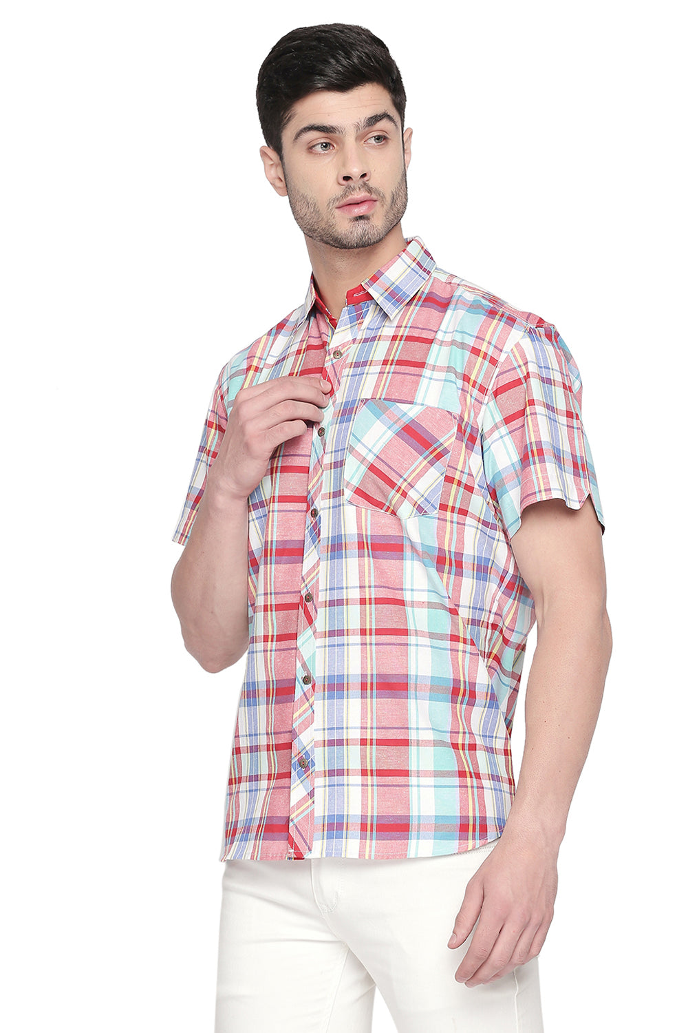 Men's Blended Cotton Shirt In Red And Green