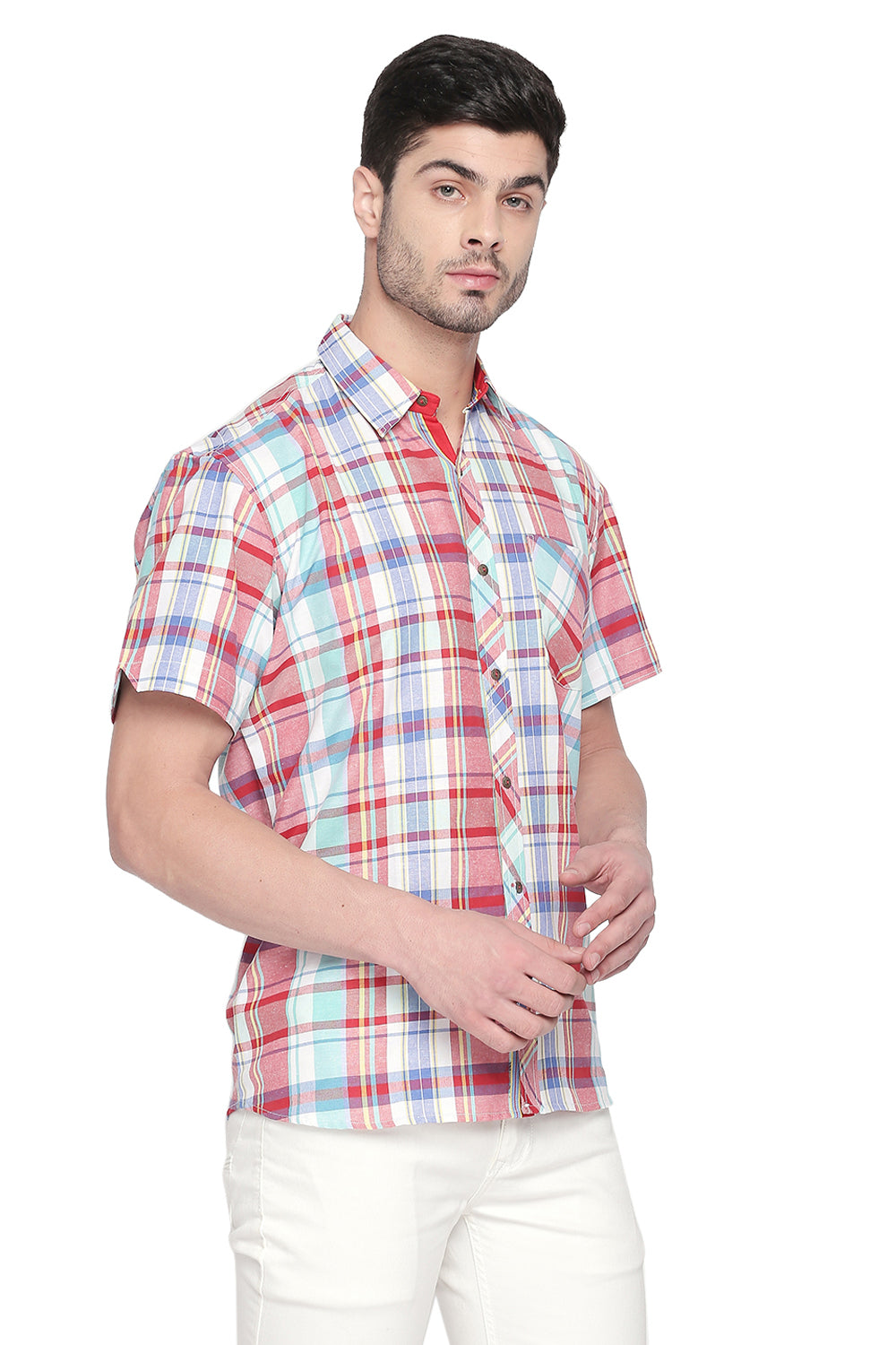 Men's Blended Cotton Shirt In Red And Green