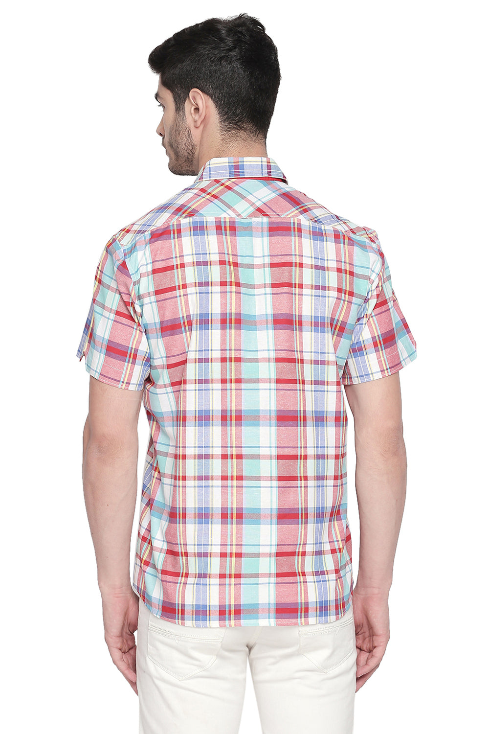 Men's Blended Cotton Shirt In Red And Green